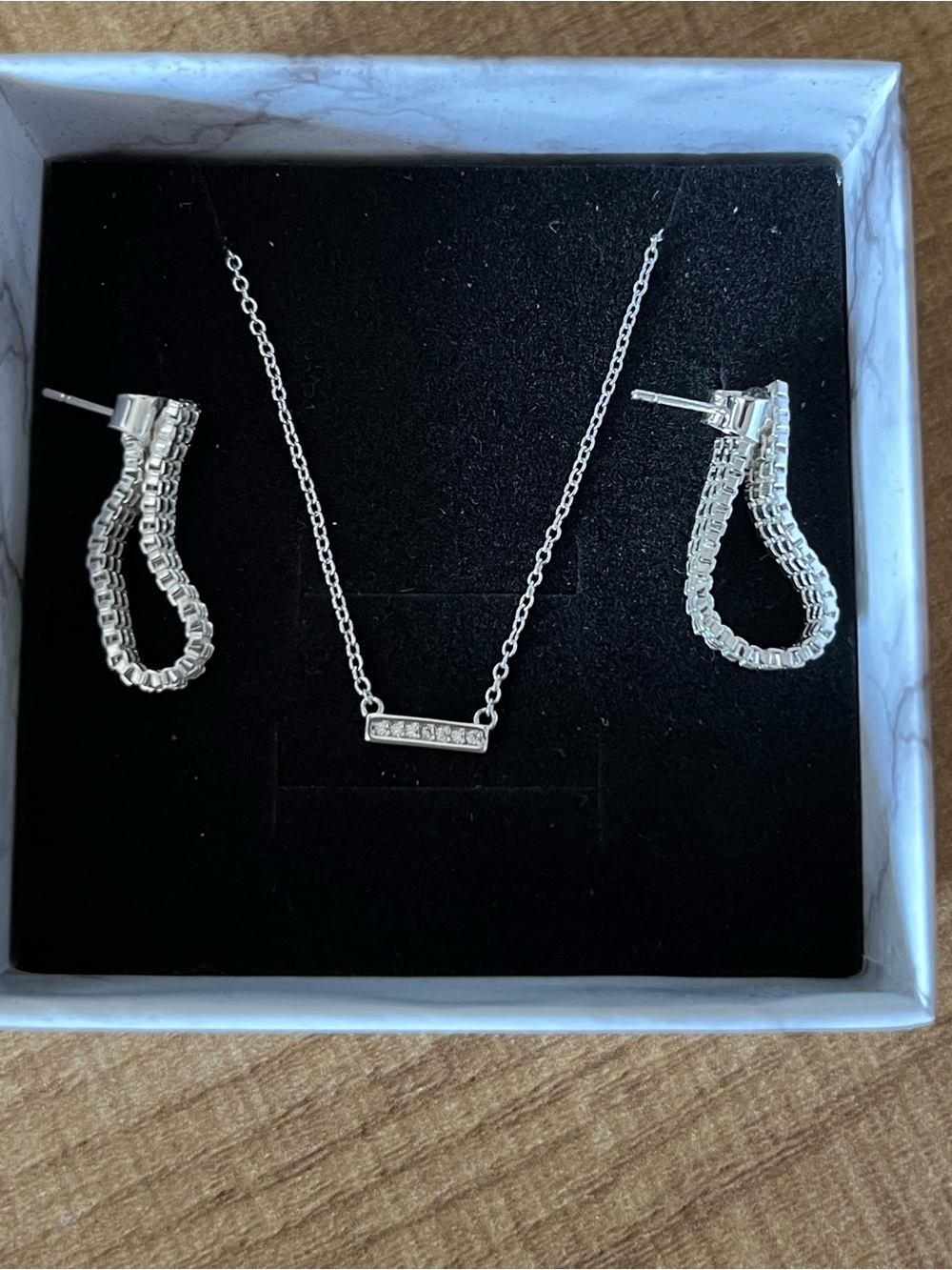 Plunder Silver Crystal Bar Necklace and Hoop Earrings Set